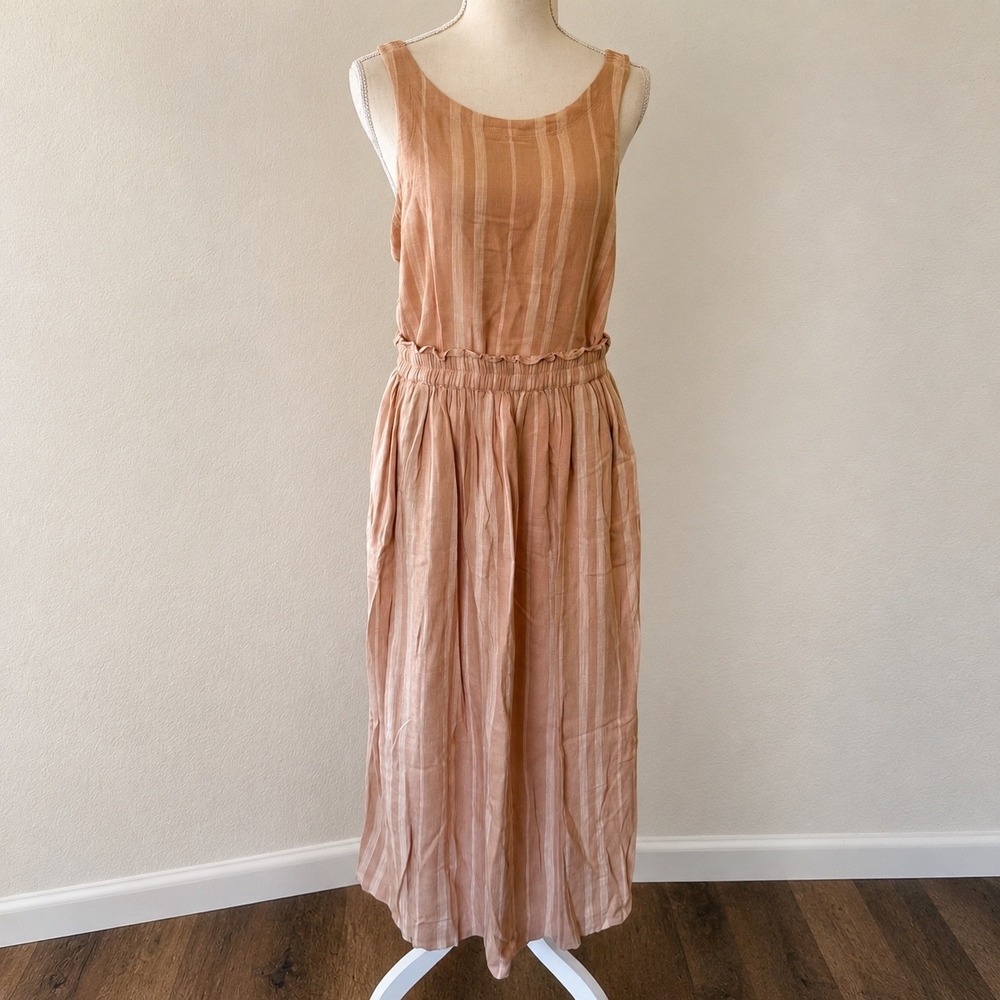 Splendid Maxi‎ Dress Womens Medium Peach Tan Striped Linen Blend RM2D241 Boho